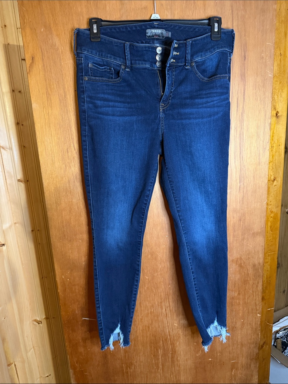 torrid Dark Blue High-Rise Skinny Jeans with Distressed Hem